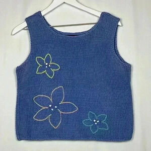 Pure Handknit Womens Vest Blue S/M Sleeveless Pullover Tight Knit 3D Flowers EUC